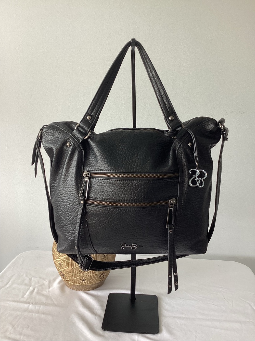 Jessica Simpson Black Pebbled Faux Leather Convertible Satchel Crossbody Purse